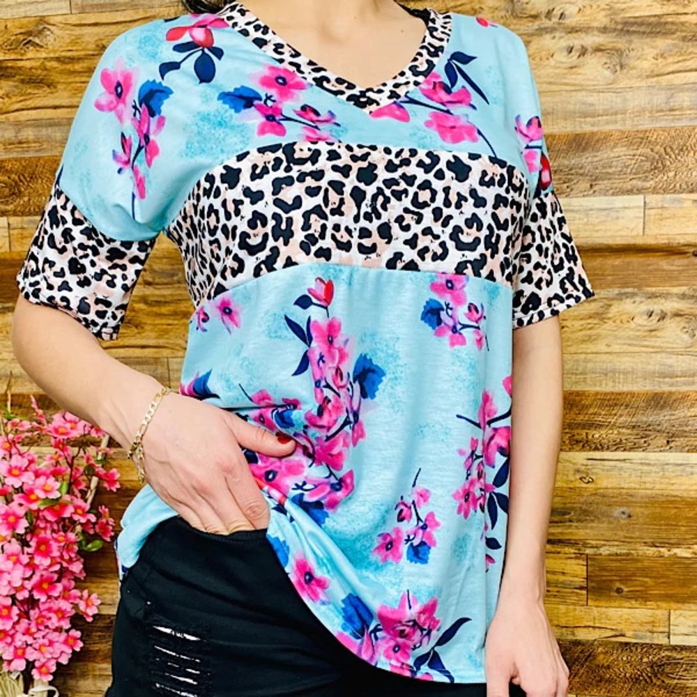 Light Blue Floral & Leopard Short Sleeve Tee
